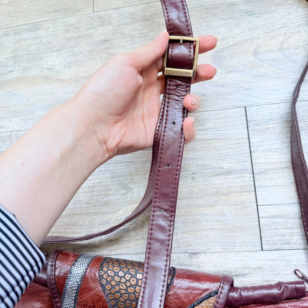 Vintage Genuine Leather Patchwork Snake Crossbody Bag Boho Safari Animal Purse - Picture 6 of 13